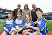 20 December 2011; Representives from the GAA games, back row from left, Uachtarán Chumann Lúthchleas Gael Criostóir Ó Cuana, Sinead O'Connor, Ard Stiúrthoir of the Camogie Association, and Pat Quill, President of the Ladies Gaelic Football Association, with youth players Barry Neville, age 14, Conor Gibney, age 14, Colin McGuinness, age 14, Clare Nulty, age 13, all from Castleknock GAA Club, in attendance at the GAA Games Development Conference  Launch. The Conference will take place on January 14th 2012 in Croke Park. Following on from the success of the 2010 Conference- which focused on issues related to the development of the child layer - the 2011 Conference will focus on issues related to the Youth Player (aged 13 - 18 years). Croke Park, Dublin. Picture credit: Brian Lawless / SPORTSFILE