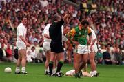 2 August 1998; Brendan Reilly of Meath, right, is sent off by referee John Bannon for a foul on Declan Kerrigan of Kildare during the Bank of Ireland Leinster Senior Football Championship Final match between Kildare and Meath at Croke Park in Dublin. Photo by David Maher/Sportsfile