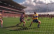 22 August 1998; Joe Errity Offaly blasts their penalty to the back of the net past Clare goalkeeper Davy Fitzgerald, centre, and his team-mates Anthony Daly, left, during the Guinness All-Ireland Hurling All-Ireland Senior Championship Semi-Final Replay match between Clare and Offaly at Croke Park in Dublin. Photo by Ray McManus/Sportsfile
