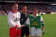 22 August 1998; Referee Séamus McCormack with team captains Cormac McAnallen of Tyrone and Séamus Maguire of Leitrim before the All-Ireland Minor Football Championship Semi-Final between Leitrim and Tyrone at Croke Park in Dublin. Photo by Ray McManus/Sportsfile