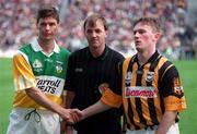 13 September 1998; Referee Dickie Murphy with team captains Hubert Rigney of Offaly and Tom Hickey of Kilkenny before the Guinness All-Ireland Senior Hurling Championship Final match between Kilkenny and Offaly at Croke Park in Dublin. Photo by Brendan Moran/Sportsfile