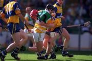 22 August 1998; Brian Lohan of Clare fouls Joe Errity of Offaly to give away a penalty during the Guinness All-Ireland Hurling All-Ireland Senior Championship Semi-Final Replay match between Clare and Offaly at Croke Park in Dublin. Photo by Ray McManus/Sportsfile