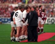 27 September 1998; President of Ireland Mary McAleese is introduced to Kildare captain Glenn Ryan by Uachtarán Chumann Lúthchleas Gael Joe McDonagh before the Bank of Ireland All-Ireland Senior Football Championship Final match between Kildare and Galway at Croke Park in Dublin. Photo by Ray McManus/Sportsfile