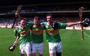 30 August 1998; Kerry players, from left, Maurice Murnane, Ian Maunsell and Colin Harris celebrate after the All-Ireland U21 &quot;B&quot; Hurling Championship Final Refixture match betweek Kerry and Kildare at Croke Park in Dublin. Photo by Ray McManus/Sportsfile