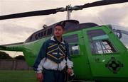10 October 1998; Jason Sherlock, after playing for Na Fianna in the Dublin County Football Final in Parnell Park, prepares to board a helicopter to fly to Ballybofey in Donegal to play for Shamrock Rovers against Finn Harps in the FAI National League. Photo by David Maher/Sportsfile