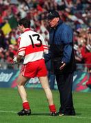 27 August 1998; Derry manager Brian Mullins in conversation with Joe Brolly during the Bank of Ireland All-Ireland Senior Football Championship Semi-Final match between Derry and Galway at Croke Park in Dublin. Photo by David Maher/Sportsfile