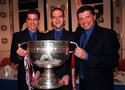 27 September 1998; Galway captain Ray Silke, centre, and Michael Donnellan and team manager John O'Mahony with the Sam Maguire Cup at a reception in the Burlington Hotel in Dublin after the Bank of Ireland All-Ireland Senior Football Championship Final match between Kildare and Galway at Croke Park in Dublin. Photo by David Maher/Sportsfile