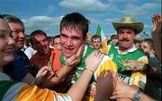 29 August 1998; Offaly's Johnny Pilkington celebrates with supporters after the Guinness All-Ireland Senior Hurling Championship Semi-Final Refixture match between Clare and Offaly at Semple Stadium in Thurles, Tipperary. Photo by Brendan Moran/Sportsfile