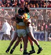 13 September 1998; Offaly players Hubert Rigney, Johnny Pilkington and Martin Hanamy celebrate after the Guinness All-Ireland Senior Hurling Championship Final match between Kilkenny and Offaly at Croke Park in Dublin. Photo by David Maher/Sportsfile