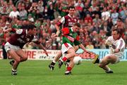 24 May 1998; David Nestor of Mayo has his shoot blocked by Galway goalkeeper Martin McNamara as Tomas Meehan, left, and Seán Ó Domhnaill look on during the Bank of Ireland Connacht Senior Football Championship Quarter-Final match between Mayo and Galway at McHale Park in Mayo. Photo by Damien Eagers/Sportsfile