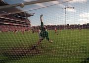 23 August 1998; Gary Coleman of Derry shoots past Galway goalkeeper Martin McNamara to score a goal from a penalty during the Bank of Ireland All-Ireland Senior Football Championship Semi-Final match between Derry and Galway at Croke Park in Dublin. Photo by Ray McManus/Sportsfile