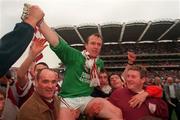 27 September 1998; Galway goalkeeper Martin McNamara celebrates with supporters after the Bank of Ireland All-Ireland Senior Football Championship Final match between Kildare and Galway at Croke Park in Dublin. Photo by Ray McManus/Sportsfile