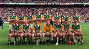 13 September 1998; The Offaly team The Offaly team, back row; from left, Kevin Martin, Johnny Pilkington, Michael Duignan, Kevin Kinahan, Gary Hanniffy, Hubert Rigney, Joe Errity, and Brian Whelahan.  Front row; Billy Dooley, John Troy, Simon Whelahan, Stephen Byrne, Joe Dooley, Martin Hanamy, and Johnny Dooley before the Guinness All-Ireland Senior Hurling Championship Final match between Kilkenny and Offaly at Croke Park in Dublin. Photo by Ray McManus/Sportsfile