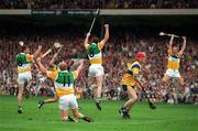3 September 1995; Offaly players, from left, Declan Pilkington, John Troy, Johnny Pilkington and Joe Dooley celebrate Johnny Pilkington's goal, as Brian Lohan of Clare looks on during the Guinness All-Ireland Senior Hurling Championship Final match between Clare and Offaly at Croke Park in Dublin. Photo by David Maher/Sportsfile