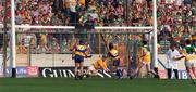 29 August 1998; Offaly goalkeeper Stephen Byrne saves a shot on goal by Danny Scanlan of Clare during the Guinness All-Ireland Senior Hurling Championship Semi-Final Refixture match between Clare and Offaly at Semple Stadium in Thurles, Tipperary. Photo by Ray McManus/Sportsfile