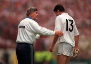 27 September 1998; Kildare manager Mick O'Dwyer consoles Martin Lynch after he was substituted during the Bank of Ireland All-Ireland Senior Football Championship Final match between Kildare and Galway at Croke Park in Dublin. Photo by Ray McManus/Sportsfile