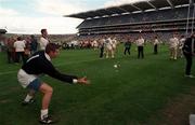 22 August 1998; Kildare's Padraig Ryan warms-up before the All Ireland Under-21 'B' hurling Final match between Kerry and Kildare at Croke Park in Dublin. The game was postponed due to a protest on the pitch by Offaly supporters due to the amount of time played in their Guinness All-Ireland Senior Hurling Championship Semi-Final defeat to Clare in the previous game. Photo by Ray McManus/Sportsfile