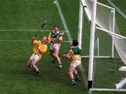 13 September 1998; Offaly goalkeeper Stephen Byrne and team-mates Martin Hanamy, 4, and Brian Whelahan watch as DJ Carey's hits his penalty shot over the bar during the Guinness All-Ireland Senior Hurling Championship Final match between Kilkenny and Offaly at Croke Park in Dublin. Photo by Damien Eagers/Sportsfile