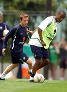 3 June 2002; Clinton Morrison and David Connolly during a Republic of Ireland training session in Chiba, Japan. Photo by David Maher/Sportsfile