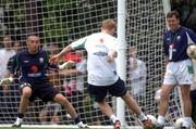 3 June 2002; Dean Keily, left, goal-keeping coach Packie Bonner, right, and Damien Duff during a Republic of Ireland training session in Chiba, Japan. Photo by David Maher/Sportsfile