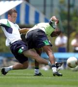 3 June 2002; Mark Kinsella, left, and Clinton Morrison during a Republic of Ireland training session in Chiba, Japan. Photo by David Maher/Sportsfile