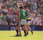2 June 2002; Limerick's Brian Geary is shown a yellow card by referee Aodán Mac Suibhne before the throw in at the start of the game during the Guinness Munster Senior Hurling Championship Semi-Final match between Tipperary and Limerick at Páirc U’ Chaoimh in Cork. Photo by Brendan Moran/Sportsfile