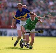 2 June 2002; Ciaran Carey of Limerick in action against Tipperary's Brian O'Meara during the Guinness Munster Senior Hurling Championship Semi-Final match between Tipperary and Limerick at Páirc Uí Chaoimh in Cork. Photo by Brendan Moran/Sportsfile