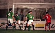 9 October 1999; Republic of Ireland players, from left, Gary Breen, Denis Irwin, goal-keeper Alan Kelly and Steve Staunton react following a late equaliser by Macedonia's Goran Stavrevski during the UEFA European Championships Qualifier match between FYR Macedonia and Republic of Ireland at the City Stadium in Skopje, Macedonia. Photo by Damien Eagers/SportsfilŽ