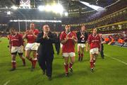 25 May 2002; Munster players, from left, Frank Sheahan, Mick O'Driscoll, Martin Cahill, David Wallace, Paul O'Connell and Jason Holland applaud supporters following the Heineken Cup Final match between Leicester Tigers and Munster at the Millennium Stadium in Cardiff, Wales. Photo by Brendan Moran/Sportsfile