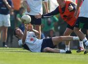 7 June 2002; Robbie Keane, left, and Damien Duff during a game of Gaelic Football during a Republic of Ireland training session in Chiba, Japan. Photo by David Maher/Sportsfile