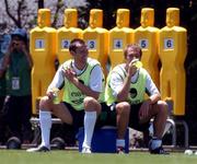 9 June 2002; Gary Breen, left, and Jason McAteer relax during a Republic of Ireland training session in Chiba, Japan. Photo by David Maher/Sportsfile