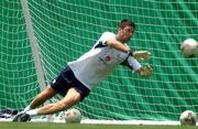 10 June 2002; Niall Quinn goes in goal during a Republic of Ireland training session in Chiba, Japan. Photo by David Maher/Sportsfile