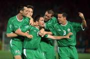 11 June 2002; Robbie Keane of Republic of Ireland, centre, celebrates with team-mates, from left, Gary Breen, Matt Holland, Kevin Kilbane and Ian Harte after scoring his side's first goal during the FIFA World Cup 2002 Group E match between Saudi Arabia and Republic of Ireland at the International Stadium Yokohama in Yokohama, Japan. Photo by David Maher/Sportsfile