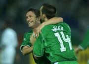 11 June 2002; Gary Breen of Republic of Ireland, right, celebrates with team-mate Robbie Keane after scoring his side's second goal during the FIFA World Cup 2002 Group E match between Saudi Arabia and Republic of Ireland at the International Stadium Yokohama in Yokohama, Japan. Photo by David Maher/Sportsfile