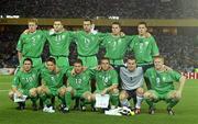 11 June 2002; The Republic of Ireland team, back row from left, Steve Staunton, Kevin Kilbane, Gary Breen, Ian Harte and Steve Finnan, front row from left, Robbie Keane, Matt Holland, Mark Kinsella, Gary Kelly, Shay Given and Damien Duff, prior to the FIFA World Cup 2002 Group E match between Saudi Arabia and Republic of Ireland at the International Stadium Yokohama in Yokohama, Japan. Photo by David Maher/Sportsfile