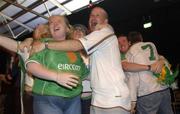 11 June 2002; Republic of Ireland supporters, from left, Niamh O'Farrell from Goatstown and Joe Boyle from Donegal celebrate following their side's victory during the FIFA World Cup 2002 Group E match between Saudi Arabia and Republic of Ireland at the 'Big In Japan' event at the RDS in Ballsbridge, Dublin. Photo by Aoife Rice/Sportsfile