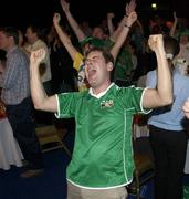 11 June 2002; Republic of Ireland supporter Darren Cloak from Kildare celebrates following his side's victory during the FIFA World Cup 2002 Group E match between Saudi Arabia and Republic of Ireland at the 'Big In Japan' event at the RDS in Ballsbridge, Dublin. Photo by Aoife Rice/Sportsfile