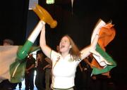 11 June 2002; Republic of Ireland supporter  Vanessa Tucker from Leixlip, Kildare, celebrates following her side's victory during the FIFA World Cup 2002 Group E match between Saudi Arabia and Republic of Ireland at the 'Big In Japan' event at the RDS in Ballsbridge, Dublin. Photo by Aoife Rice/Sportsfile