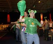 11 June 2002; Republic of Ireland supporters celebrate following their side's victory during the FIFA World Cup 2002 Group E match between Saudi Arabia and Republic of Ireland at the 'Big In Japan' event at the RDS in Ballsbridge, Dublin. Photo by Aoife Rice/Sportsfile