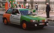 11 June 2002; Republic of Ireland supporters celebrate on the streets of Dublin outside Trinity College in a tri-colour painted car following their side's victory during the FIFA World Cup 2002 Group E match between Saudi Arabia and Republic of Ireland at the International Stadium Yokohama, in Yokohama, Japan. Photo by Pat Murphy/Sportsfile