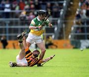 9 June 2002; Offaly's Rory Hannify is tackled by Pat Tenntson of Kilkenny during the Guinness Leinster Senior Hurling Championship Semi-Final match between Kilkenny and Offaly at Semple Stadium in Thurles, Tipperary. Photo by Aoife Rice/Sportsfile