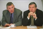 12 June 2002; Uachtarán Cumann Lœthchleas Gael Seán McCague, left, and Ard Stiœrth—ir of the GAA Liam Mulvihill during a press briefing to announce details of a new colour coding system to be introduced for patrons of Croke Park. Photo by Ray McManus/Sportsfile