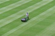 12 June 2002; Groundsman Fergus Finneran cuts the newly laid pitch at Croke Park in Dublin. Photo by Ray McManus/Sportsfile