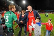 26 December 2011; John Hayes, Munster, after the game with his wife Fiona and daughter Sally, age 5, exchanges a handshake with Connacht captain Gavin Duffy. Celtic League, Munster v Connacht, Thomond Park, Limerick. Picture credit: Diarmuid Greene / SPORTSFILE