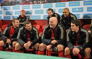 26 December 2011; John Hayes, Munster, on the bench during the final moments of the game with team-mates, from left, Denis Fogarty, Marcus Horan, Tomas O'Leary, Simon Zebo and Ian Keatley. Celtic League, Munster v Connacht, Thomond Park, Limerick. Picture credit: Diarmuid Greene / SPORTSFILE