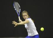 30 December 2011; Sinead Lohan, Tramore, Co. Waterford, in action against Jenny Claffey, Elm Park, Co. Dublin, during their Women's Singles semi-final. National Indoor Tennis Championship Semi-Finals, David Lloyd Riverview, Clonskeagh, Dublin. Photo by Sportsfile