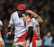 30 December 2011; Ian Humphreys, Ulster, celebrates with Johann Muller after scoring his side's third try. Celtic League, Ulster v Munster, Ravenhill Park, Belfast, Co. Antrim. Picture credit: Oliver McVeigh / SPORTSFILE