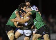 1 January 2012; Richardt Strauss, Leinster, is tackled by Mike McCarthy, left, and Johnny O'Connor, Connacht. Celtic League, Connacht v Leinster, Sportsground, Galway. Picture credit: Ray McManus / SPORTSFILE