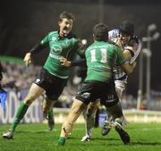 1 January 2012; Shane Jennings, Leinster, is tackled by Tiernan O'Halloran, Connacht, in the closing minutes of the game. Celtic League, Connacht v Leinster, Sportsground, Galway. Picture credit: Ray McManus / SPORTSFILE