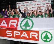 31 May 2017; Players from Carnmore NS, Co Galway, lift the cup in celebration of their Section B victory during the SPAR FAI Primary School 5s National Finals in Aviva Stadium where girls and boys from 12 counties battled it out for national honours. The 2017 SPAR FAI Primary School 5s Programme was the biggest yet as almost 28,576 children from 1,495 schools took part in county, regional and provincial blitzes nationwide. For further information please see www.spar.ie or www.faischools.ie Photo by Cody Glenn/Sportsfile